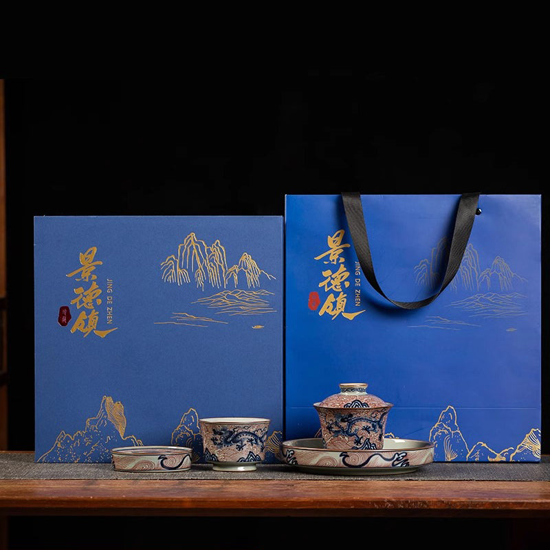 Ice Crackle Underglazed Red Sea-Dragon Tea Set