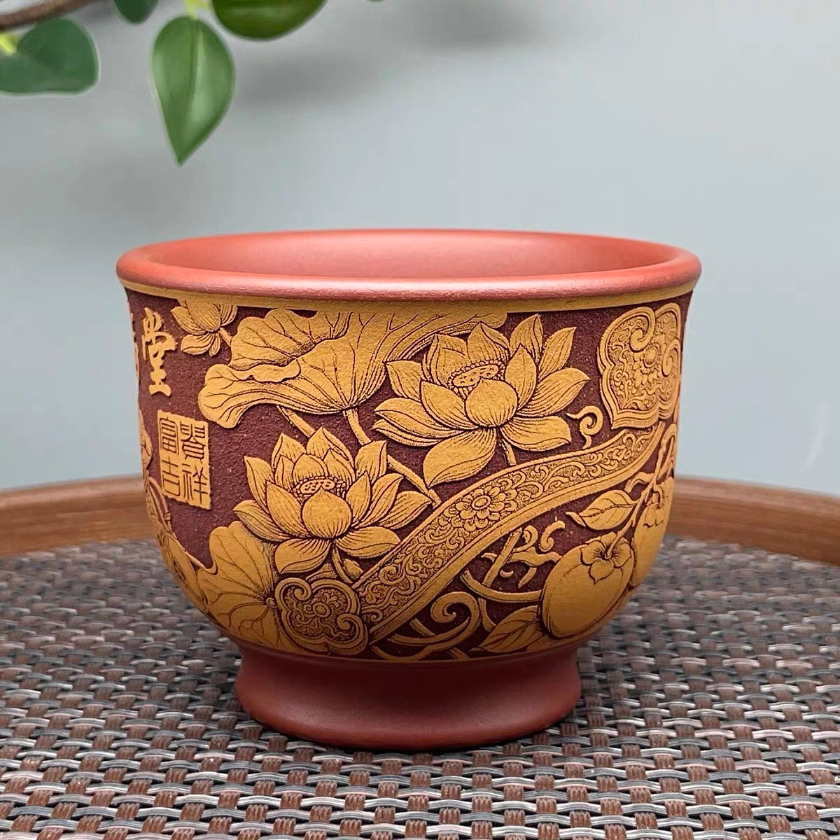 Yixing Raw Ore Purple Clay, Dragon Blood Sand & Golden Cinnabar Clay, Fully Hand-Carved Qilin "Gold and Jade Fill the Hall" Master Cup, Dual-Color Tea Cup--160CC