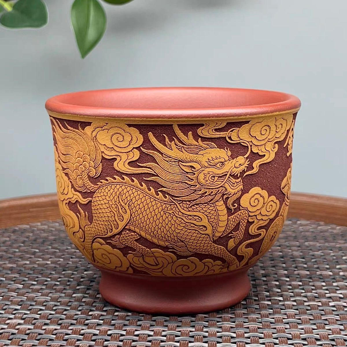 Yixing Raw Ore Purple Clay, Dragon Blood Sand & Golden Cinnabar Clay, Fully Hand-Carved Qilin "Gold and Jade Fill the Hall" Master Cup, Dual-Color Tea Cup--160CC