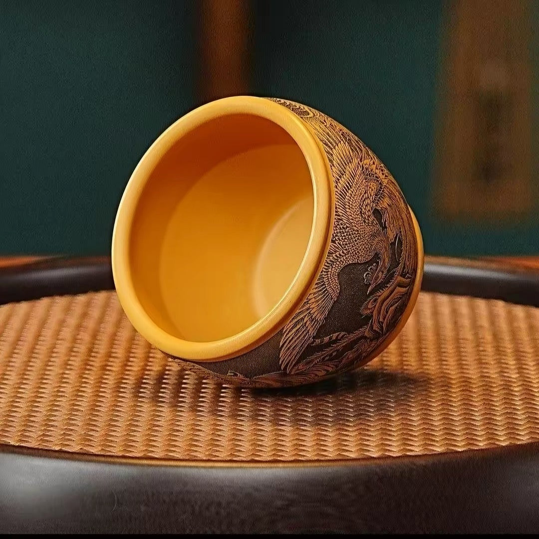 Yixing Authentic Raw Golden Cinnabar Clay Zisha Master Cup, Fully Hand-Carved Tea Cup with Four Divine Beasts Pattern  (200cc)