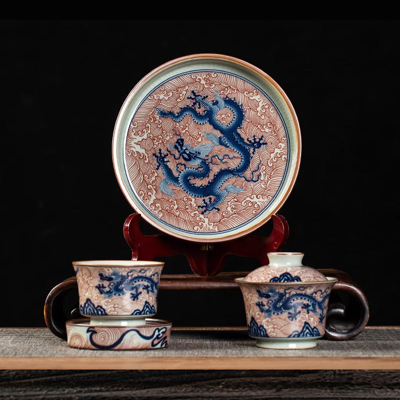 Ice Crackle Underglazed Red Sea-Dragon Tea Set