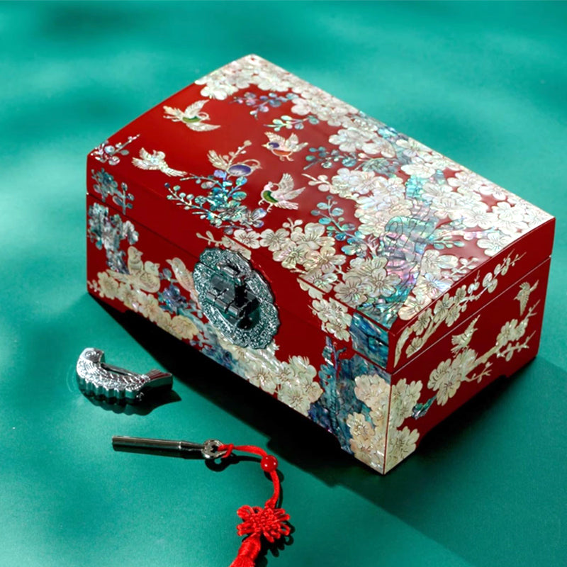 Lacquer Jewelry Box with Magpie & Plum Design — Symbolizing Radiant Joy