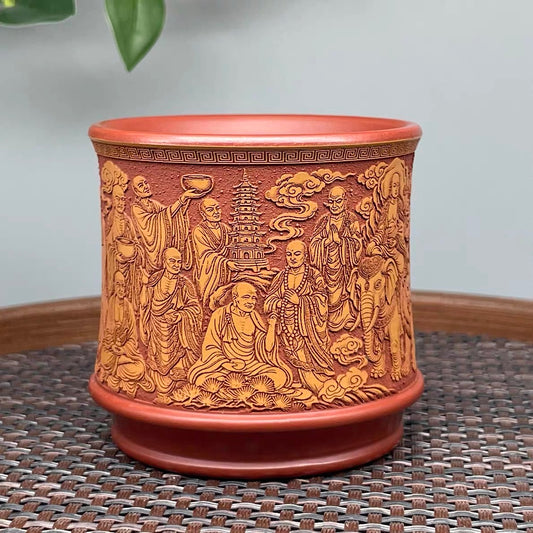 Yixing Raw Ore Dahongpao Zisha, Fully Hand-Carved Eighteen Arhats Master Cup, Bamboo Joint Dual-Color Tea Cup—140CC