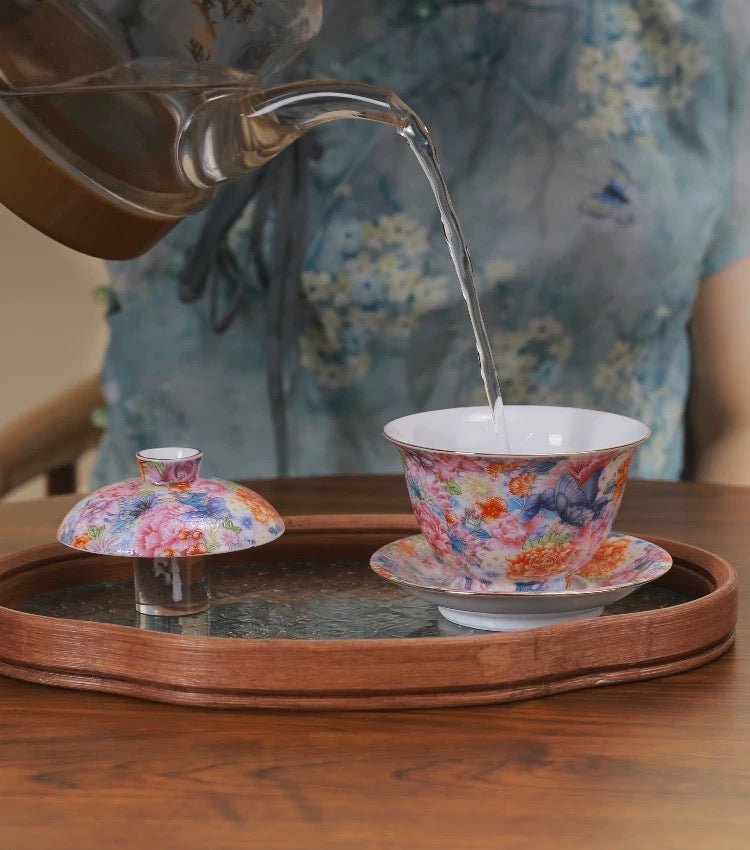 Enamel Color Butterfly & Flower Gaiwan - Chinese Imperial Tea Bowl— Elegant enamel gaiwan inspired by Qing Dynasty imperial craftsmanship, perfect for gongfu tea lovers and gifting