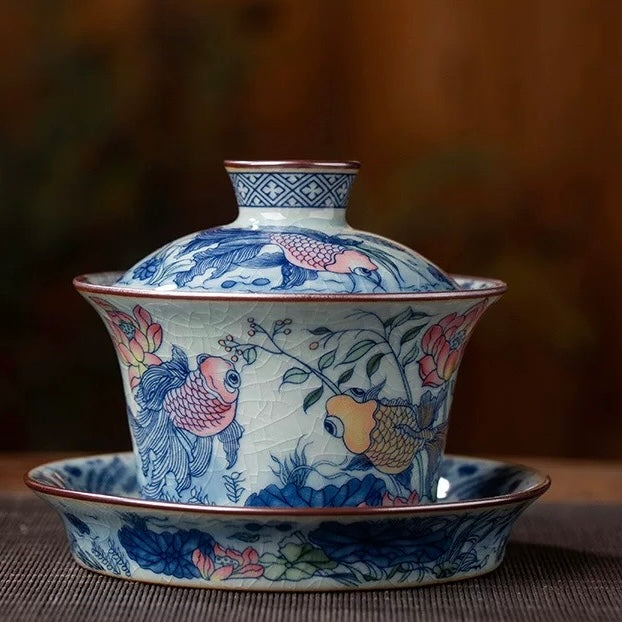 Jingdezhen Old Clay "Abundant Fortune" Gaiwan—Traditional three-piece gaiwan inspired by the philosophy of harmony between man and nature, made of Jingdezhen old clay with koi & lotus