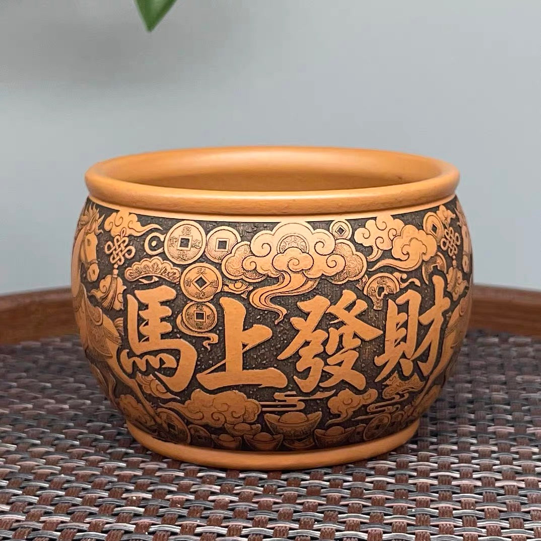Yixing Raw Ore Golden Cinnabar Clay Zisha Master Cup, Fully Hand-Carved "Horse Brings Wealth" Design, Chinese Zodiac Horse Large Tea Cup-- （160cc）