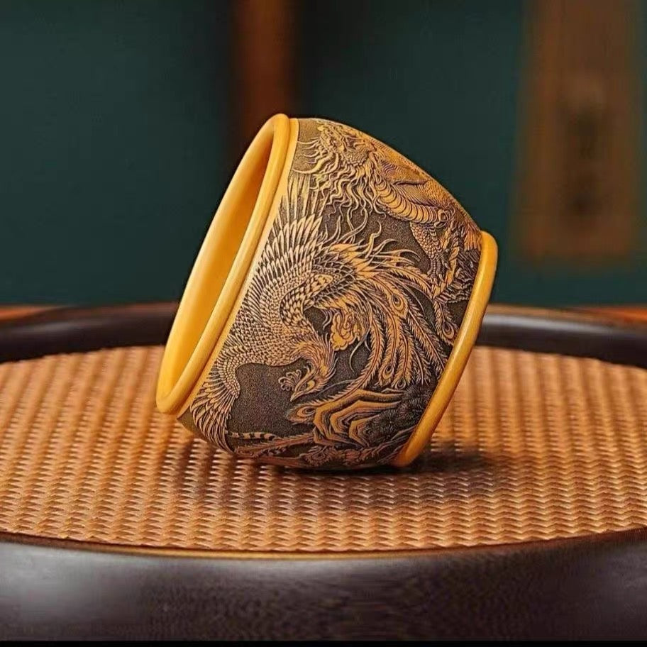 Yixing Authentic Raw Golden Cinnabar Clay Zisha Master Cup, Fully Hand-Carved Tea Cup with Four Divine Beasts Pattern  (200cc)
