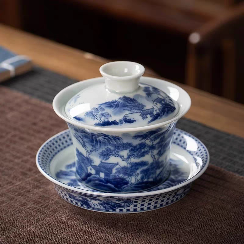 Jingdezhen Gaiwan Teacup, Single Piece, High-End "Thousand Miles of Rivers and Mountains" Blue and White Porcelain (Three Part Gaiwan)