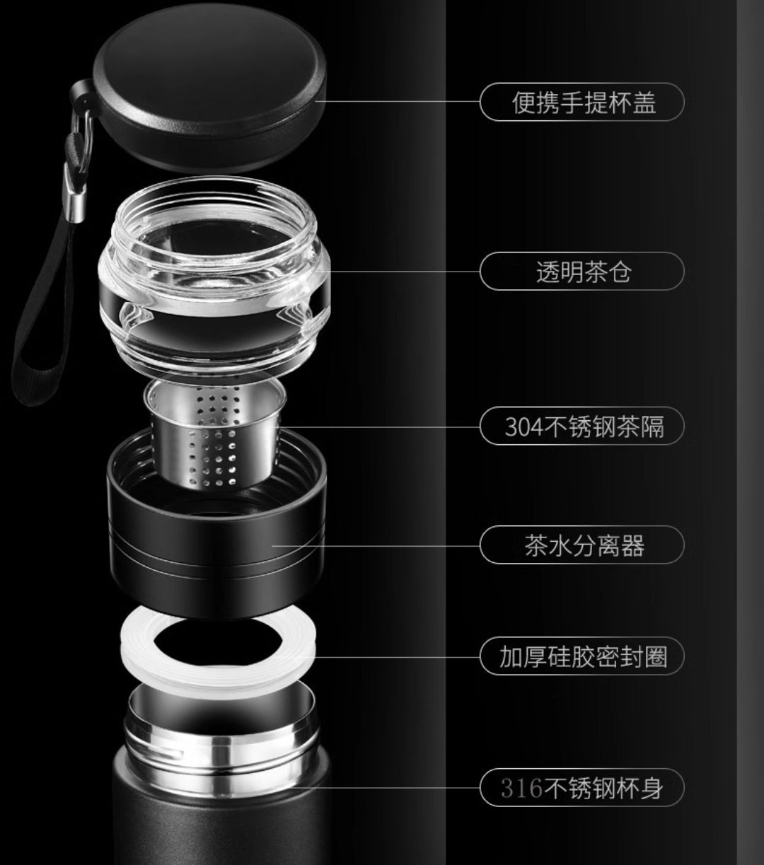 Fashion Style Insulated Tea Cup with Tea-Water Separation - Ceramic Liner, SUS 316 Stainless Steel—Easy to make tea and drink tea at anytime and anyplaces