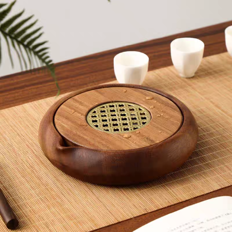 Solid Walnut Wood Teapot Holder - Round Water Storage Tea Tray for Wet Brewing, Yixing Teapot Care Pad, Kung Fu Tea Serving Tray