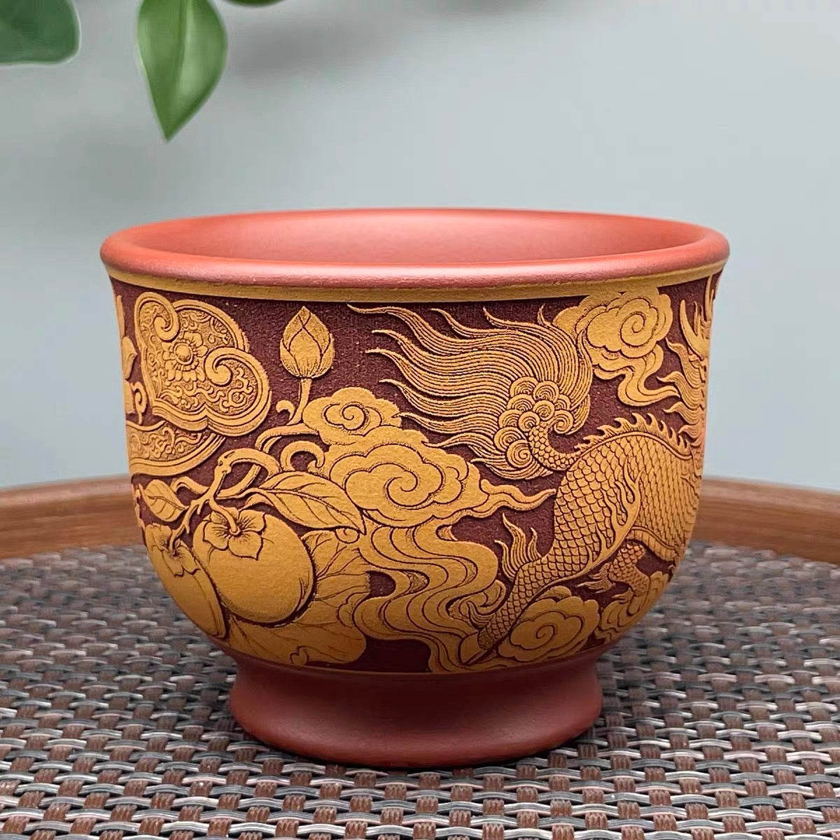 Yixing Raw Ore Purple Clay, Dragon Blood Sand & Golden Cinnabar Clay, Fully Hand-Carved Qilin "Gold and Jade Fill the Hall" Master Cup, Dual-Color Tea Cup--160CC
