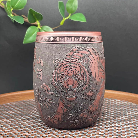 Yixing Raw Ore Shihong Clay Master Teacup, Fully Handmade Relief Tiger Zodiac Zisha Cup, 200CC Dragon Egg Kung Fu Tea Cup
