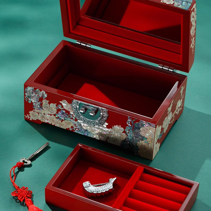 Lacquer Jewelry Box with Magpie & Plum Design — Symbolizing Radiant Joy