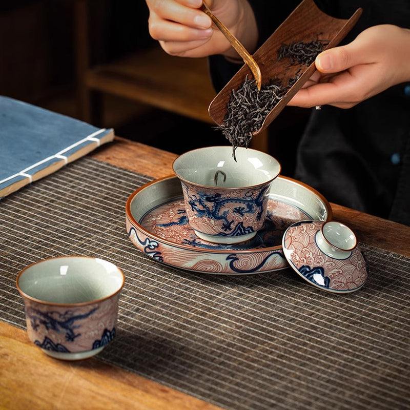 Ice Crackle Underglazed Red Sea-Dragon Tea Set