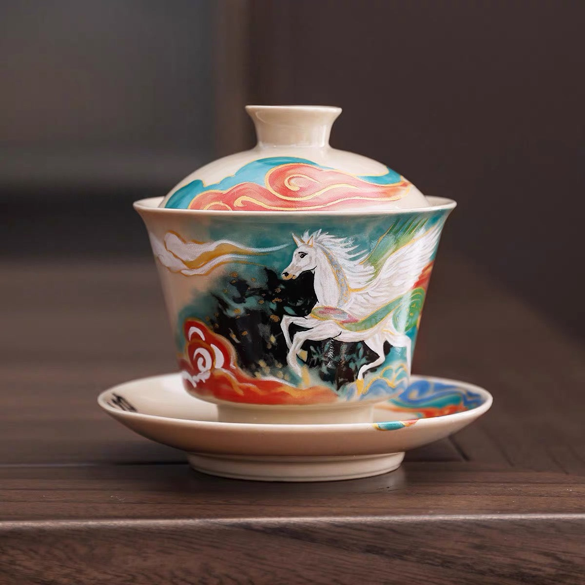 Ru Kiln Year of the Horse Hand-Painted "Success Upon Arrival" Gaiwan | Premium Ceramic Kung Fu Tea Set