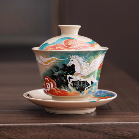 Ru Kiln Year of the Horse Hand-Painted "Success Upon Arrival" Gaiwan | Premium Ceramic Kung Fu Tea Set
