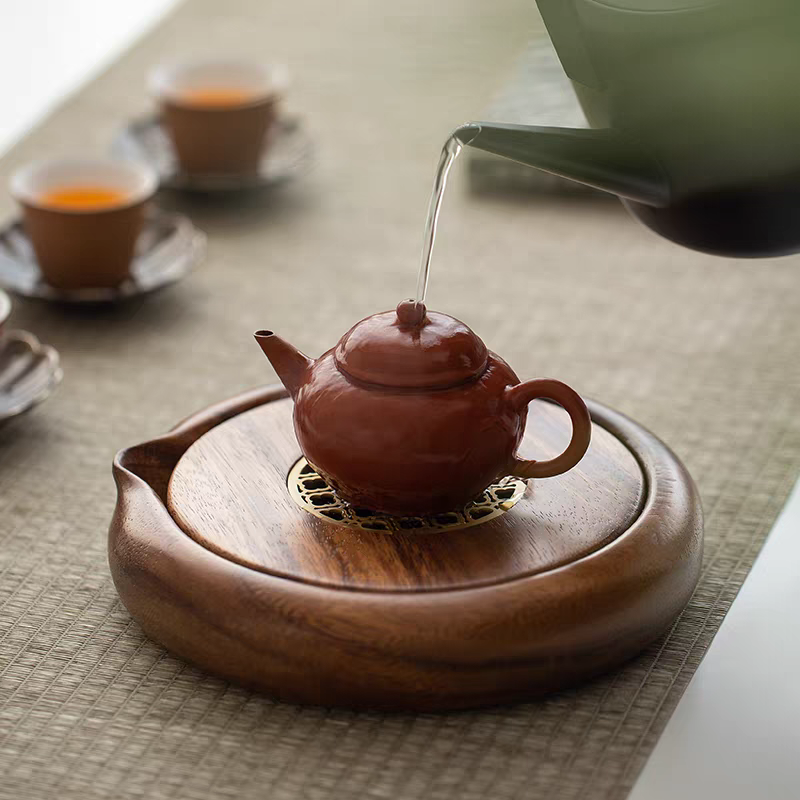 Solid Walnut Wood Teapot Holder - Round Water Storage Tea Tray for Wet Brewing, Yixing Teapot Care Pad, Kung Fu Tea Serving Tray