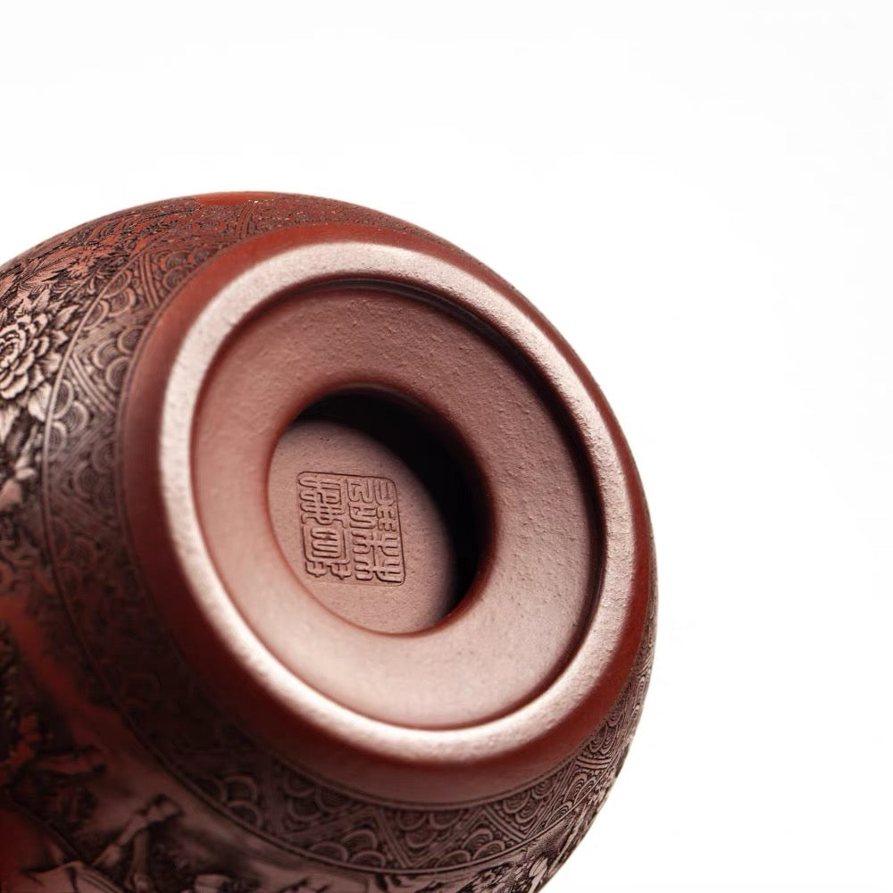Yixing Raw Ore Dragon Blood Sand Zisha Master Cup, Fully Hand-Engraved Zodiac Horse Teacup, 140cc Double Wall Heat Insulated Anti-scald Kung Fu Tea Cup--The Eight Steeds (Ba Jun Tu)