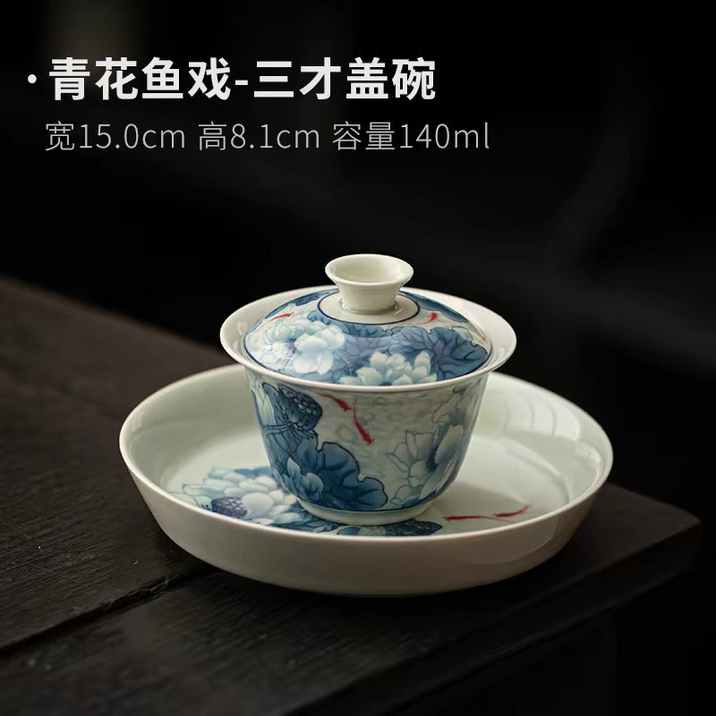 Blue & White Underglaze Lotus Koi Gaiwan Set | Heat-Resistant Floating Lid Porcelain Teacup for Gongfu Tea Brewing