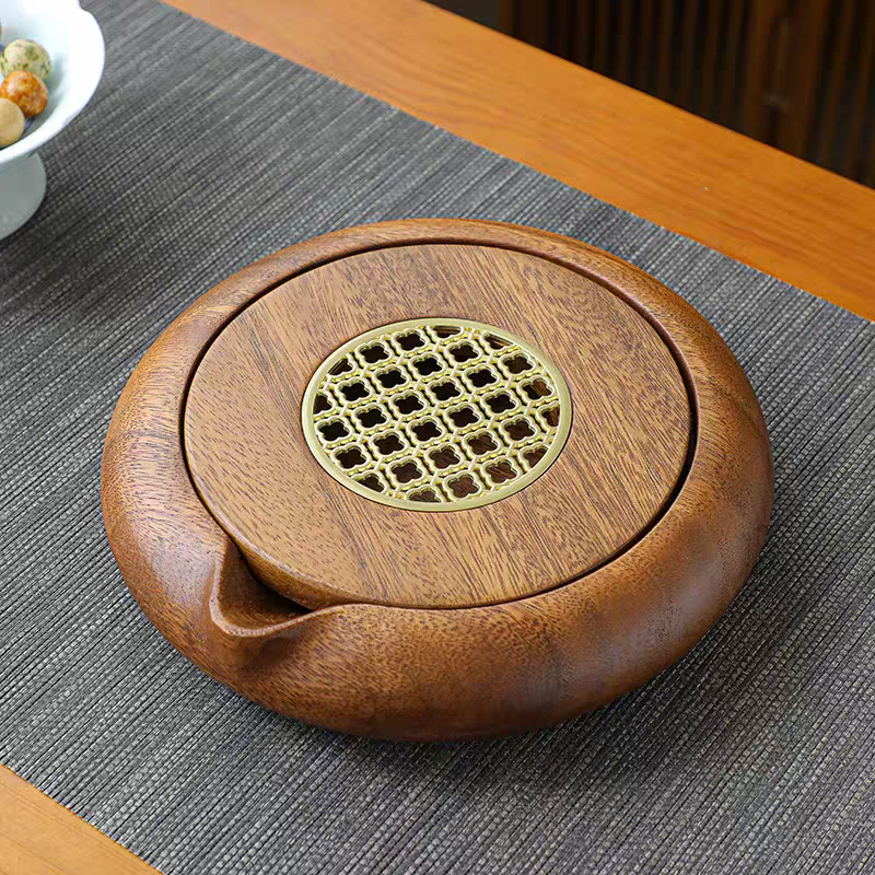 Solid Walnut Wood Teapot Holder - Round Water Storage Tea Tray for Wet Brewing, Yixing Teapot Care Pad, Kung Fu Tea Serving Tray