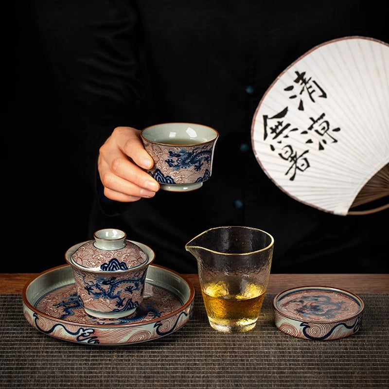 Ice Crackle Underglazed Red Sea-Dragon Tea Set