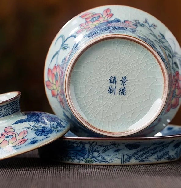Jingdezhen Old Clay "Abundant Fortune" Gaiwan—Traditional three-piece gaiwan inspired by the philosophy of harmony between man and nature, made of Jingdezhen old clay with koi & lotus