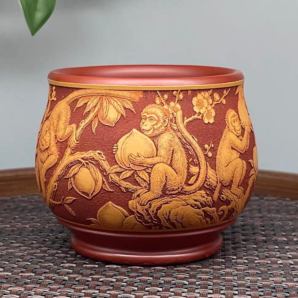 Yixing Raw Ore Dahongpao Zisha, Fully Hand-Carved "Five Monkey Gather Blessings" Chinese Zodiac Monkey Master Cup, Dual-Color General Tea Cup—160CC