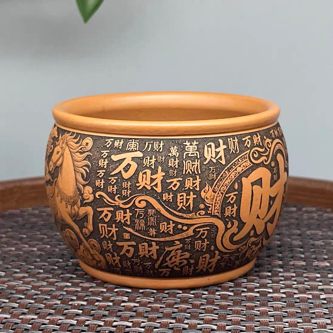 Yixing Raw Ore Golden Cinnabar Clay Zisha Master Cup, Fully Hand-Carved "Horse Brings Wealth" Design, Chinese Zodiac Horse Large Tea Cup-- （160cc）