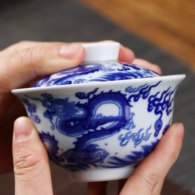 Antique Blue and White Double Dragon Sancai Gaiwan | Jingdezhen Handmade Porcelain Kung Fu Tea Bowl