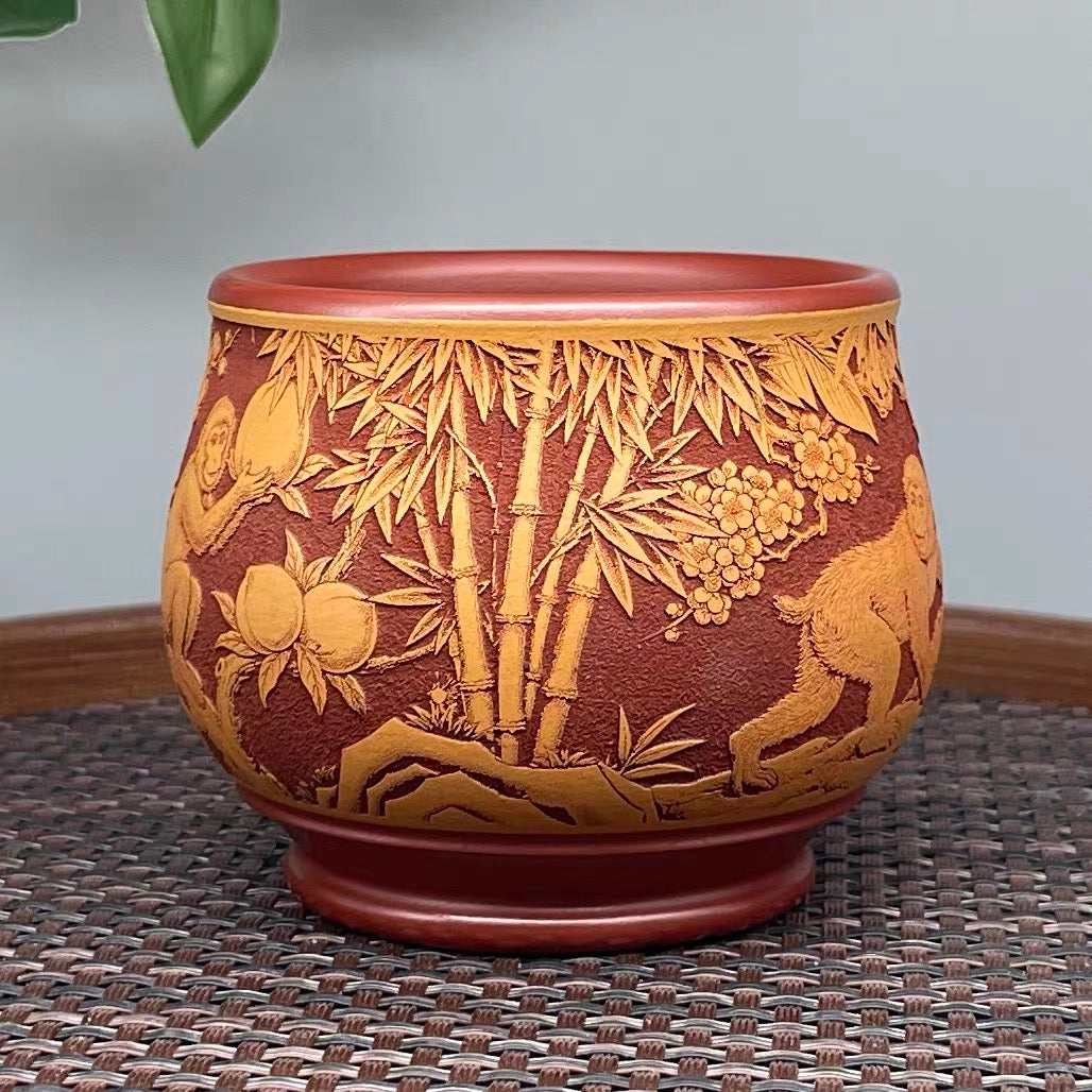 Yixing Raw Ore Dahongpao Zisha, Fully Hand-Carved "Five Monkey Gather Blessings" Chinese Zodiac Monkey Master Cup, Dual-Color General Tea Cup—160CC