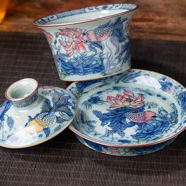 Jingdezhen Old Clay "Abundant Fortune" Gaiwan—Traditional three-piece gaiwan inspired by the philosophy of harmony between man and nature, made of Jingdezhen old clay with koi & lotus