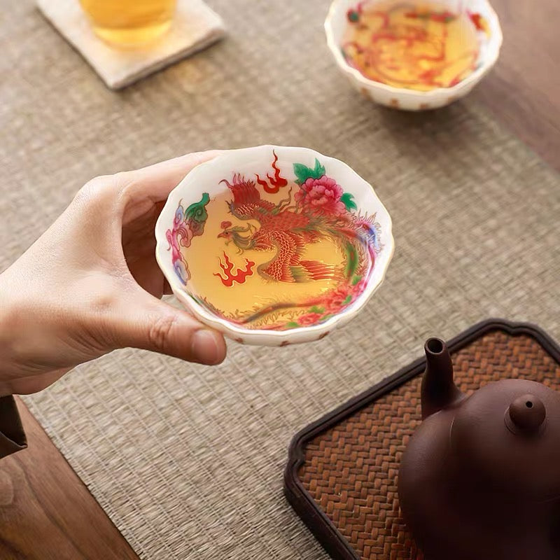 Enamel Color Phoenix Peony Master Cup | 50ml Jingdezhen Porcelain Gongfu Tea Cup for Women