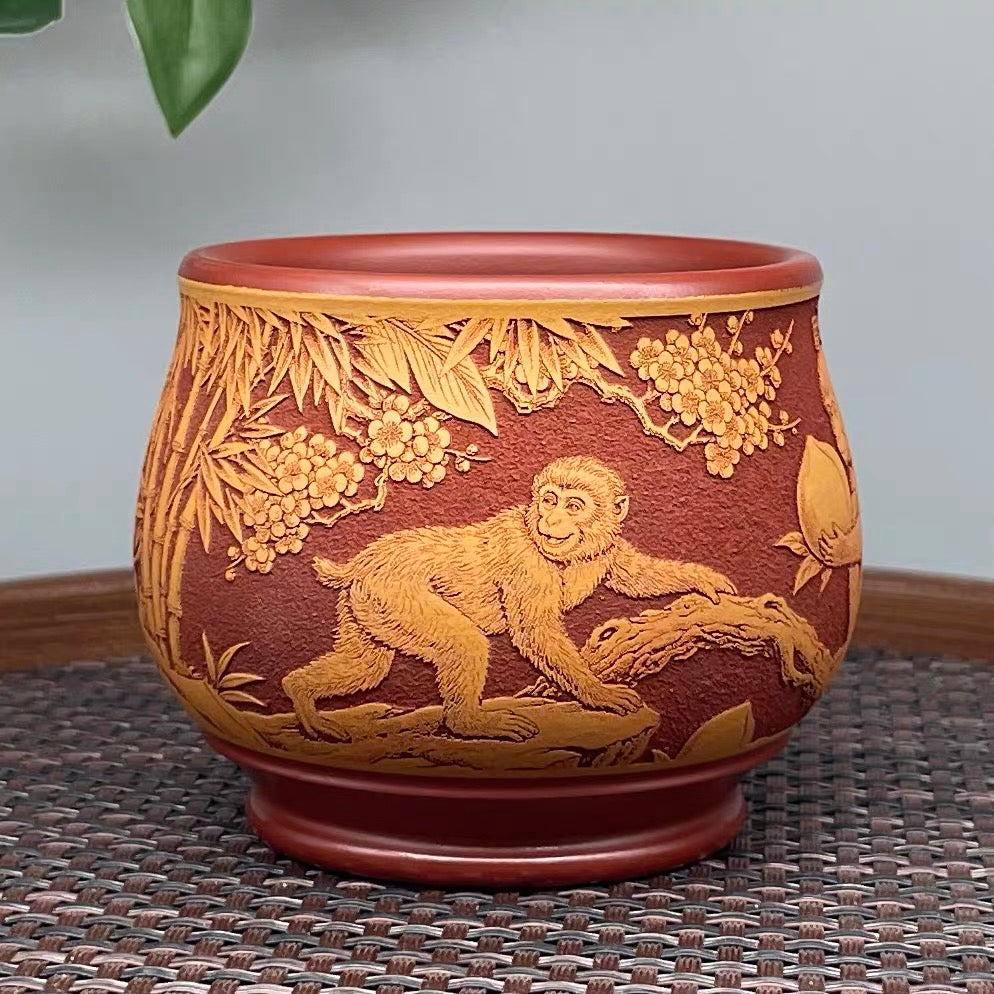 Yixing Raw Ore Dahongpao Zisha, Fully Hand-Carved "Five Monkey Gather Blessings" Chinese Zodiac Monkey Master Cup, Dual-Color General Tea Cup—160CC