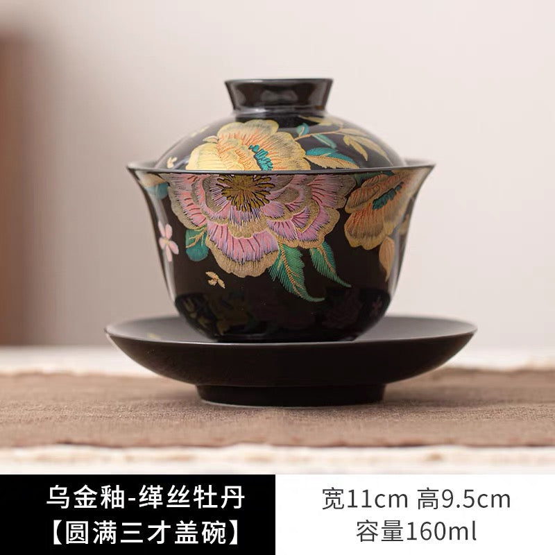 Black Gold Glaze KeSi Peony Gaiwan | Traditional Chinese Three-Talent Tea Bowl for Gongfu Tea