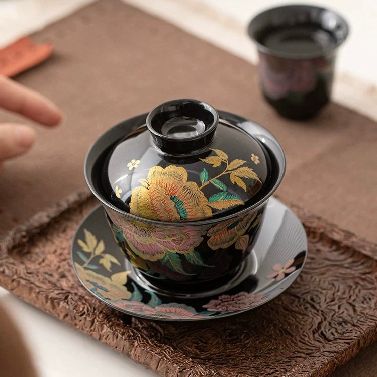 Black Gold Glaze KeSi Peony Gaiwan | Traditional Chinese Three-Talent Tea Bowl for Gongfu Tea