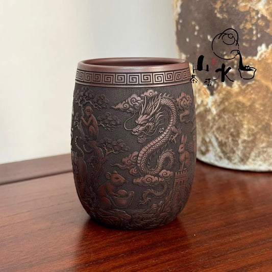 Yixing Raw Ore Shihong Clay Teacup | 280CC Dragon Egg Shape Master Cup, Hand-carved 12 Chinese Zodiac & Dragon Pattern, Zisha Kung Fu Tea Cup