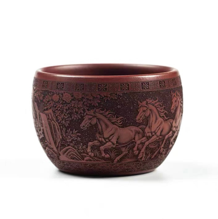 Yixing Raw Ore Dragon Blood Sand Zisha Master Cup, Fully Hand-Engraved Zodiac Horse Teacup, 140cc Double Wall Heat Insulated Anti-scald Kung Fu Tea Cup--The Eight Steeds (Ba Jun Tu)