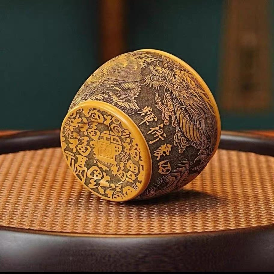 Yixing Authentic Raw Golden Cinnabar Clay Zisha Master Cup, Fully Hand-Carved Tea Cup with Four Divine Beasts Pattern  (200cc)