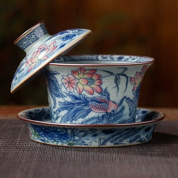 Jingdezhen Old Clay "Abundant Fortune" Gaiwan—Traditional three-piece gaiwan inspired by the philosophy of harmony between man and nature, made of Jingdezhen old clay with koi & lotus