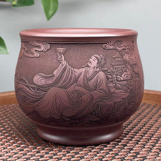 Yixing Raw Ore Red Clay Zisha Double-Wall Master Cup, Fully Hand-Carved Song of a Wanderer (Jiang Jin Jiu)by Libai, Heat Insulation Anti-Scald General Tea Cup--（180cc）