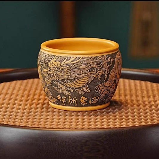 Yixing Authentic Raw Golden Cinnabar Clay Zisha Master Cup, Fully Hand-Carved Tea Cup with Four Divine Beasts Pattern  (200cc)